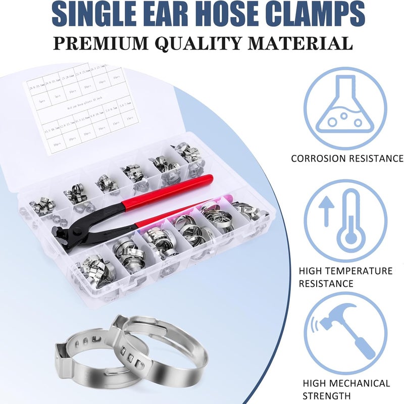 9TH SHOP Single Ear Hose Clamps, 120Pcs 11 Sizes 304 Stainless Steel Ear Clamps, 6-33.1mm Crimp Hose Clamps with Ear Clamp Pincer, Crimp Pinch Fitting Tools Kit for PEX Tube, Securing Hose - Image 4